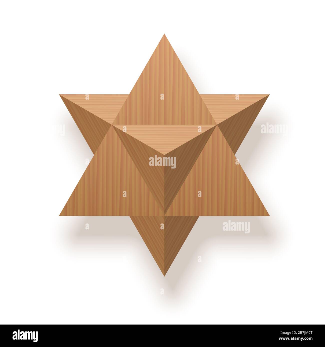 Étoile tétraèdre, Merkaba, Mer-Ka-Ba, octaèdre stellaire, stella octangula, extension tridimensionnelle de l'étoile de David. En bois texturé. Banque D'Images