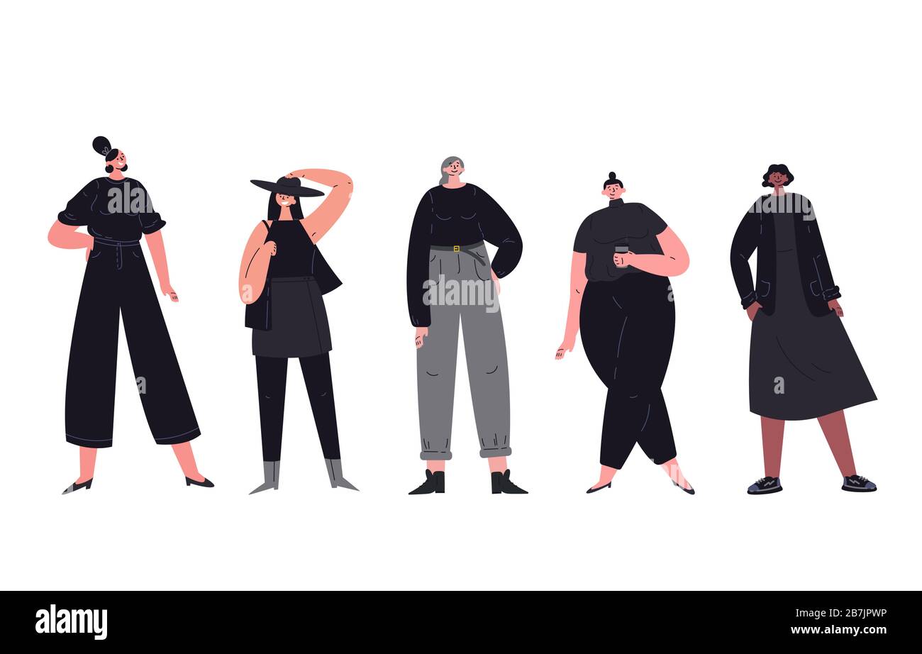Groupe de femmes multiculturelles vêtues de noir Illustration de Vecteur