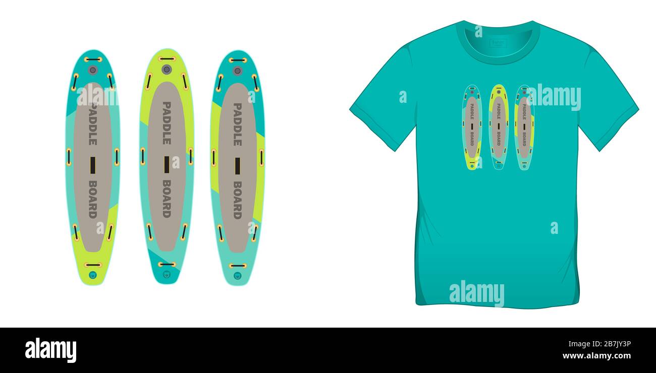 Imprimé sur t-shirt graphiques art design, Paddle board, surf gonflable, couleur surf, isolé sur fond vierge Banque D'Images