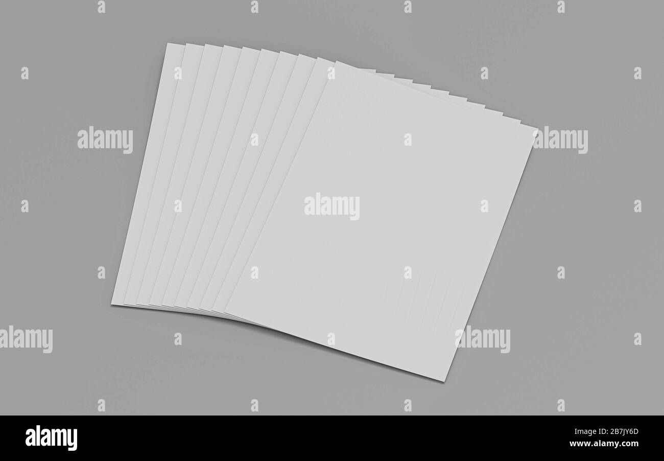 Pile de feuilles de papier DIN 4 blanches isolées en gris pour remplacer votre illustration de rendu tridimensionnelle Banque D'Images