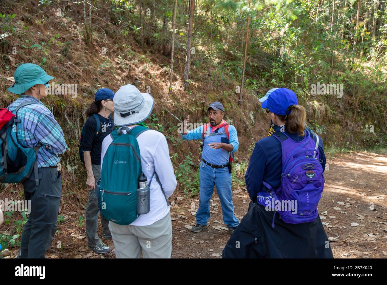 La Neveria, Oaxaca, Mexique - les touristes écoutent un guide avant de commencer une randonnée à Latuvi dans les montagnes de la Sierra Norte. La Neveria et Latuvi sont par Banque D'Images