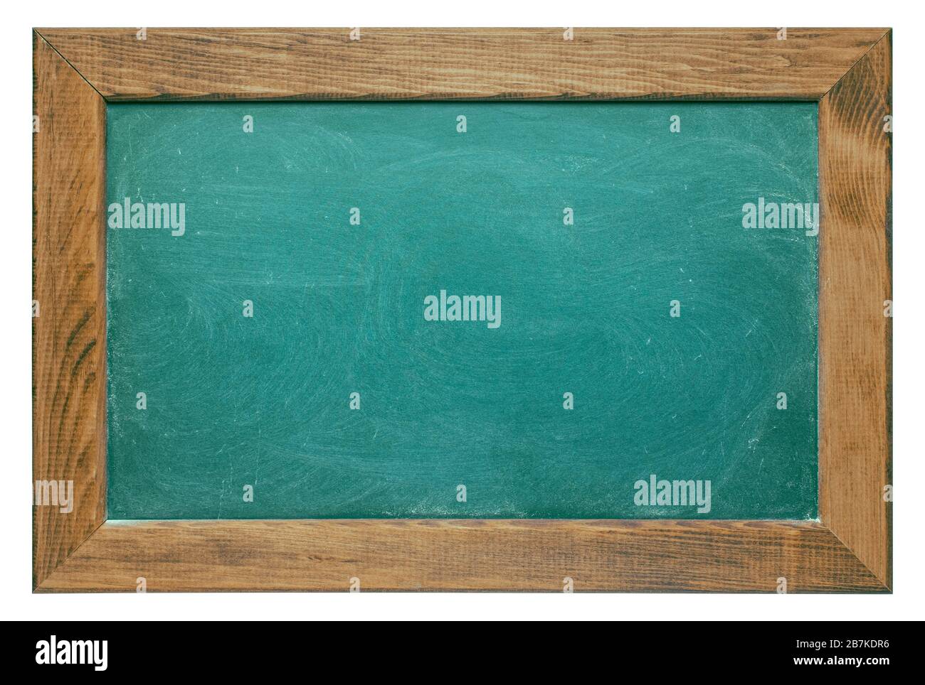 Carton craie vert blanc avec cadre en bois, isolé sur fond blanc. Texture de la surface du tableau de surveillance avec de la poussière de craie granuleuse nette et détaillée. Toilettes vintage Banque D'Images
