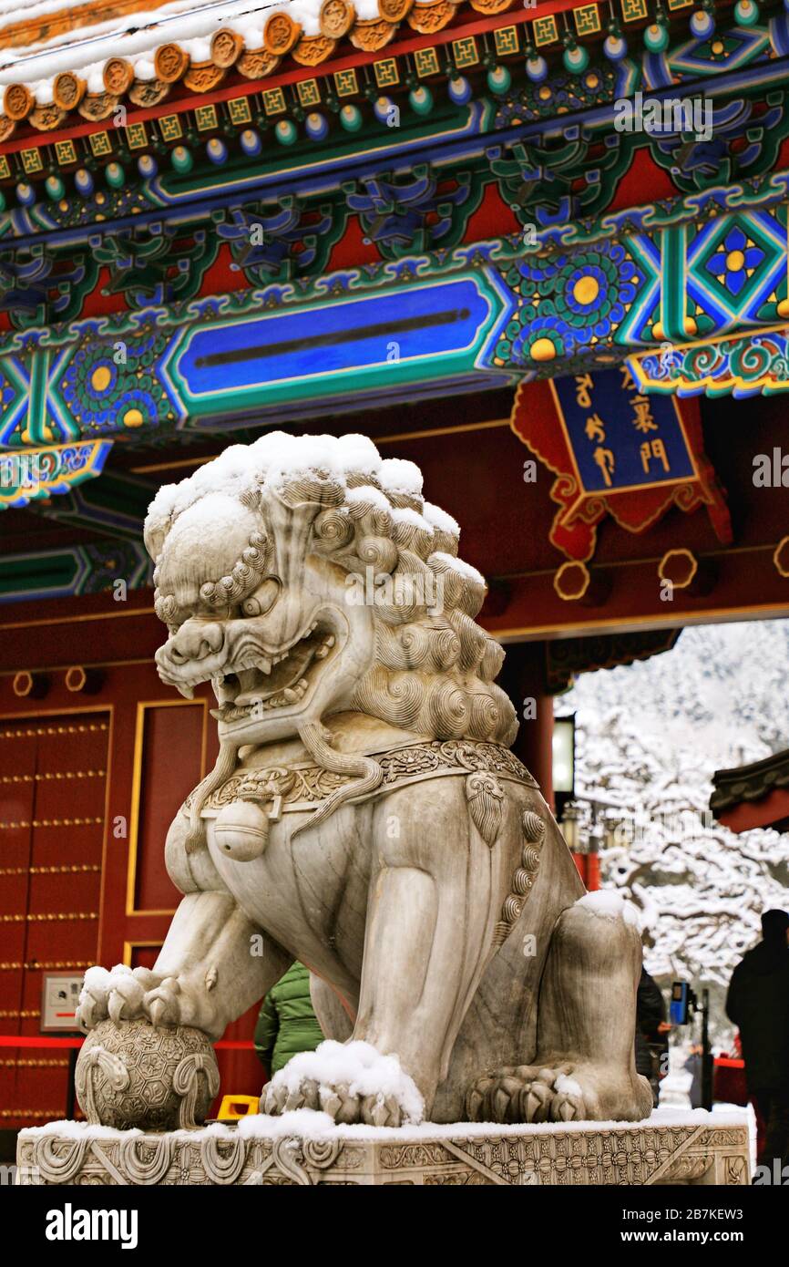 --dossier--vue du Lion de pierre recouvert de neige à Beijing, Chine, 6 janvier 2020. Banque D'Images