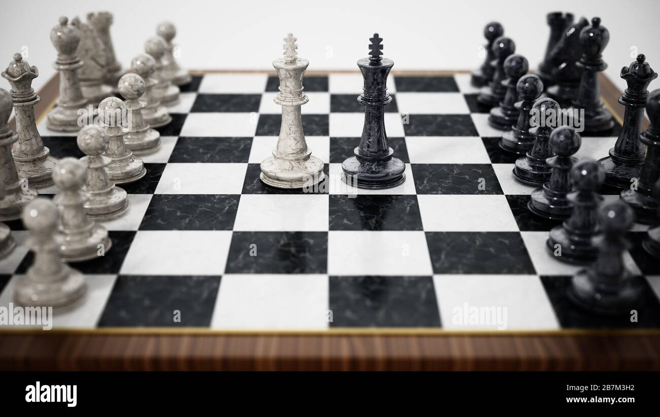 Chessboard avec rois noir et blanc face l'un à l'autre. Illustration tridimensionnelle. Banque D'Images