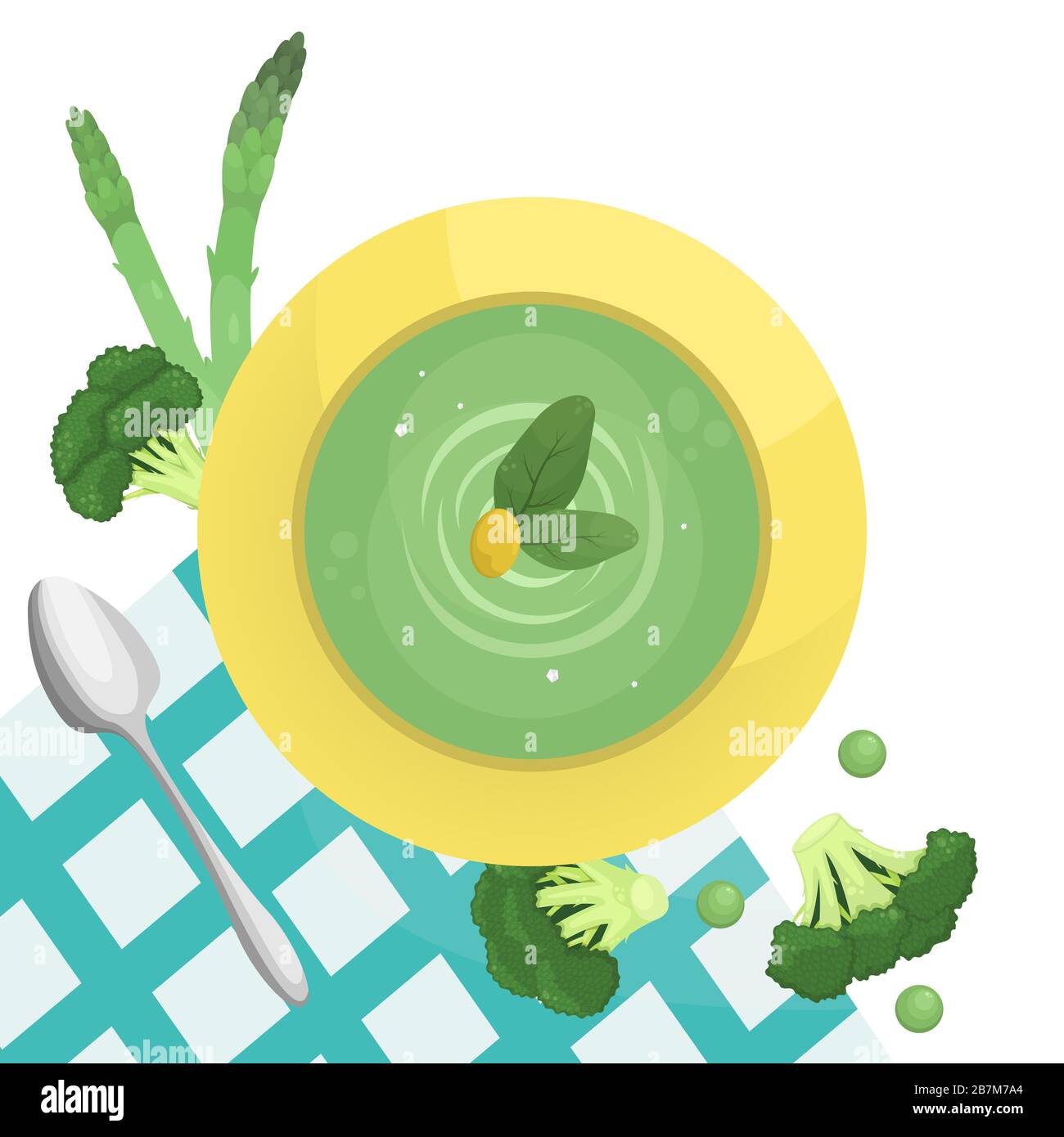 Illustration plate avec soupe à la crème de brocoli, asperges et pois. Alimentation saine, végétarisme. Illustration de Vecteur