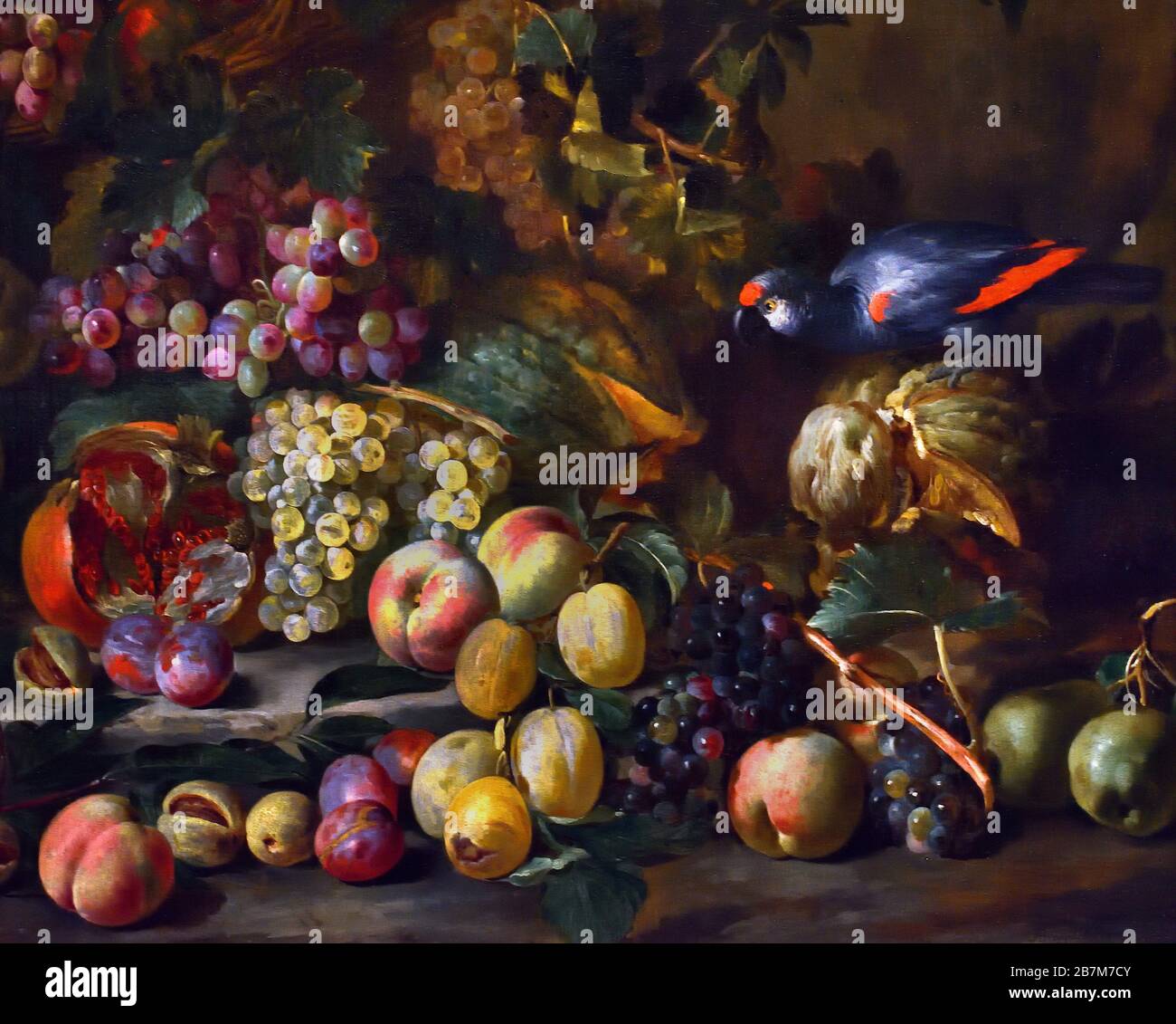 Toujours vie des fruits et des oiseaux exotiques 1670 Abraham Brueghel 1631-1697 peintres flamands du XVIe au XVIIe siècle, belge, Belgique. Banque D'Images