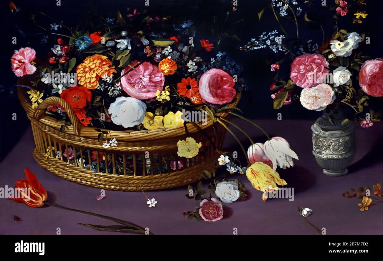 Fleurs dans un panier et dans un vase en argile, par Jan Brueghel le Jeune, 1601-1678, peintres flamands du XVIe au XVIIe siècle, belge, Belgique. Banque D'Images