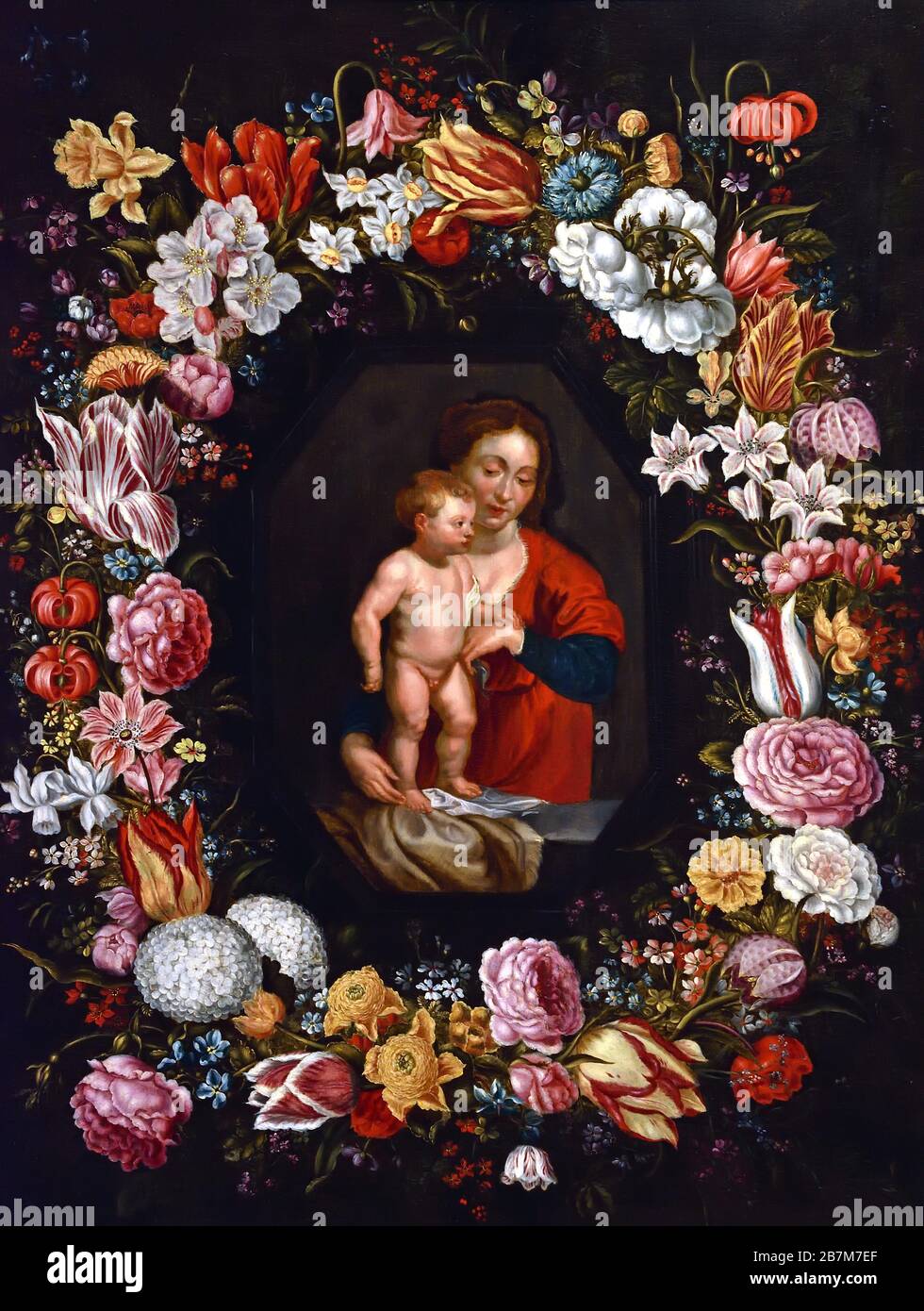 Madonna et enfant entouré d'un Garland de fleurs, par Jan Brueghel l'Elder 1568-1625 et Peter Paul Rubens 1577-1640 peintres flamands du XVIe au XVIIe siècle, belge, Belgique. Banque D'Images