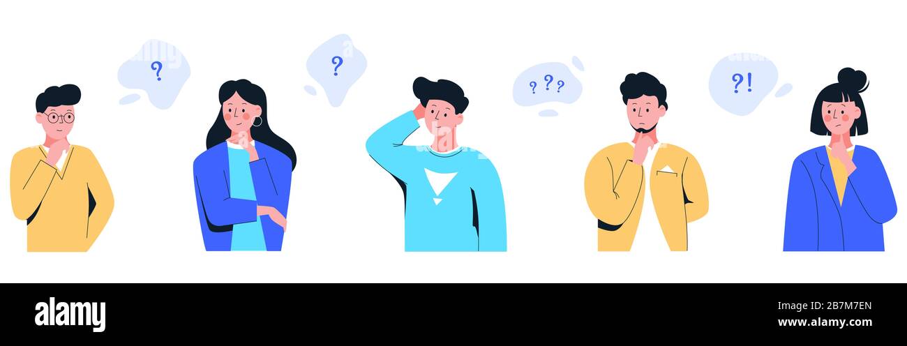 Placez les personnes de bande dessinée pensent avec le point d'interrogation dans la bulle de pensée isolée sur fond blanc Illustration de Vecteur