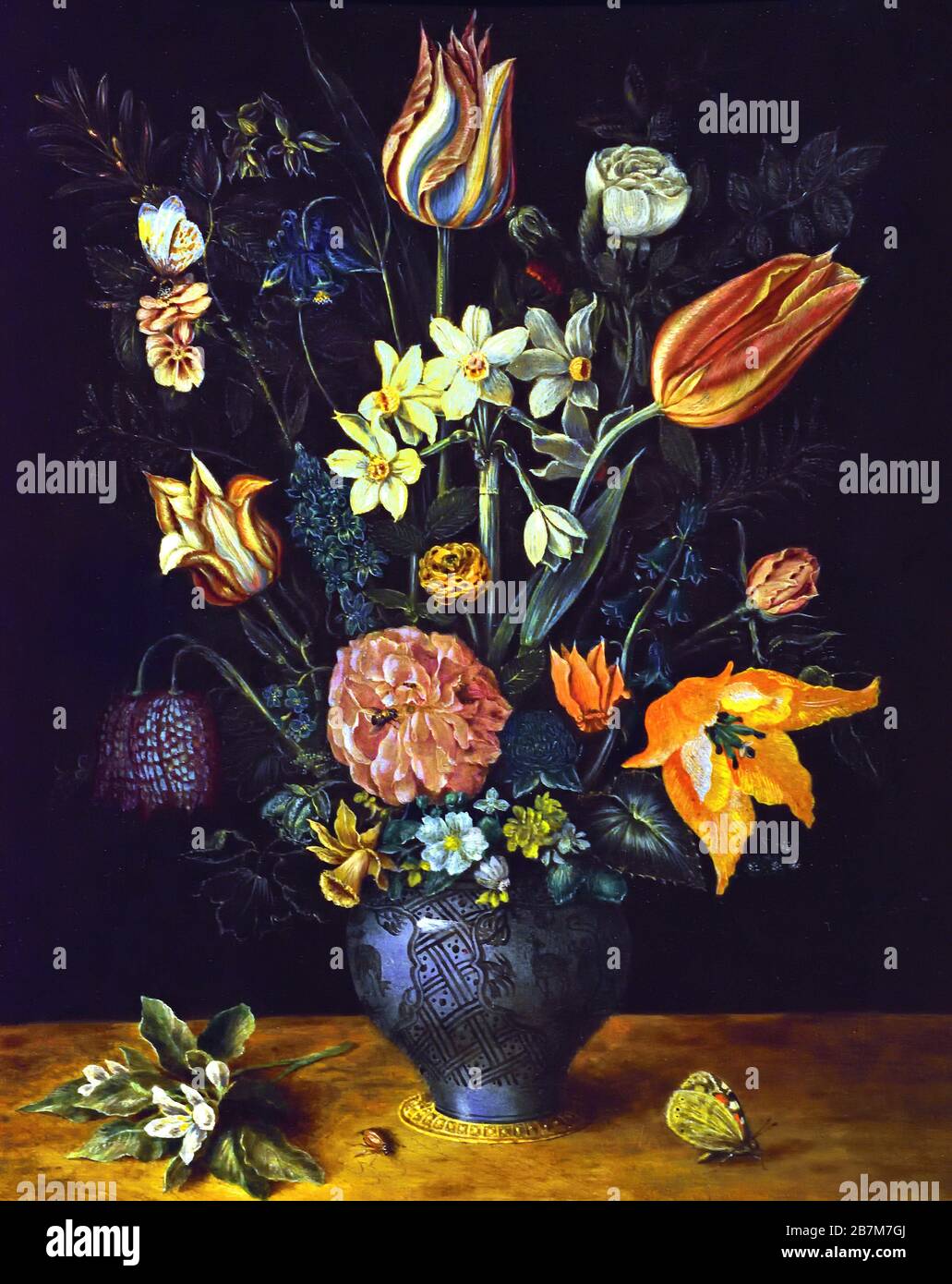 Un assortiment de fleurs dans un vase bleu 1620, de Christoffel van den Berghe 1590-1642 peintres flamands du XVIe au XVIIe siècle, belge, Belgique. Banque D'Images