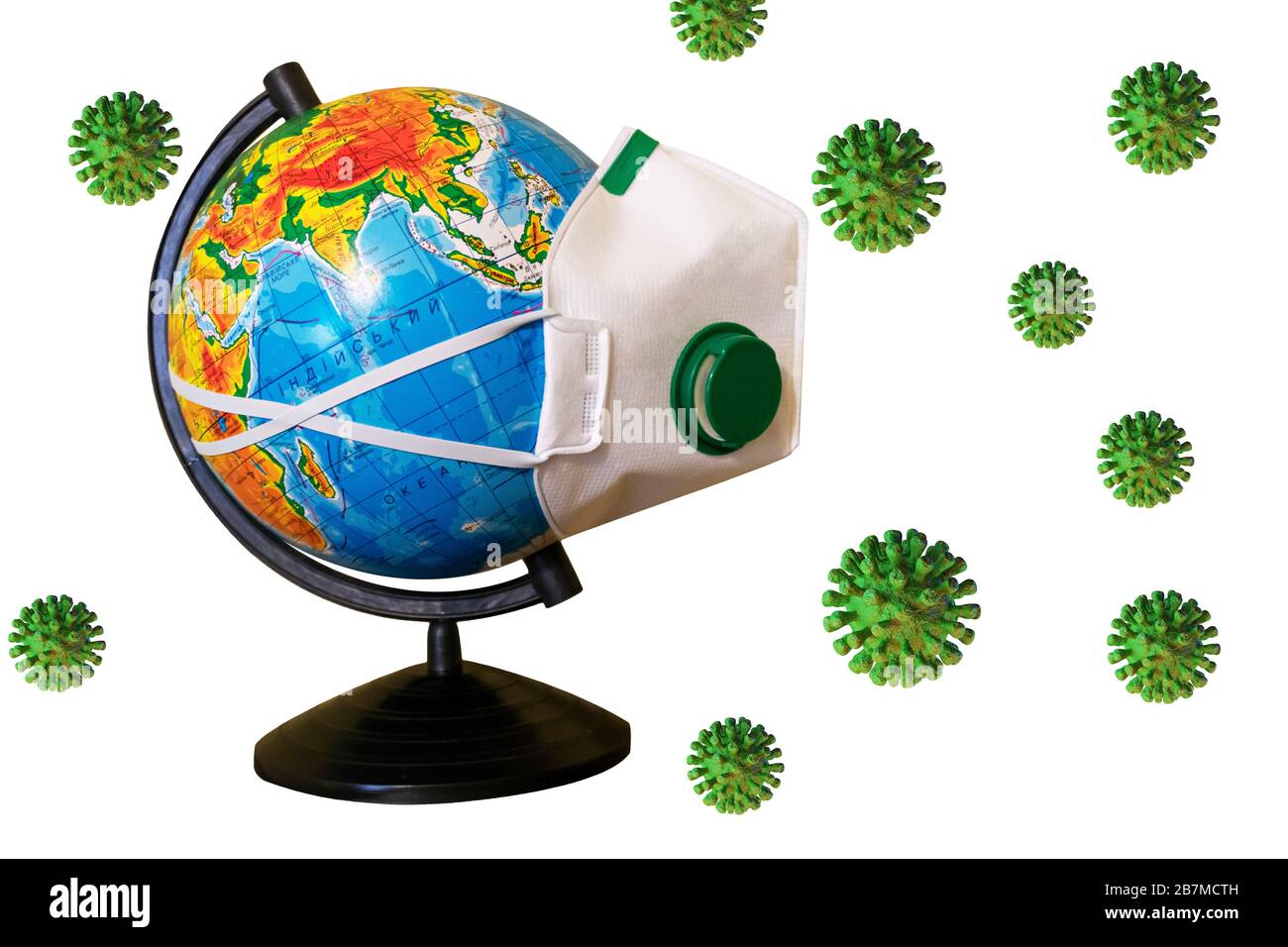 Coronavirus. Le concept de virus Corona. La terre a mis le masque pour lutter contre le virus Corona. Concept de lutte contre le virus. De nombreuses attaques de virus isolées Banque D'Images