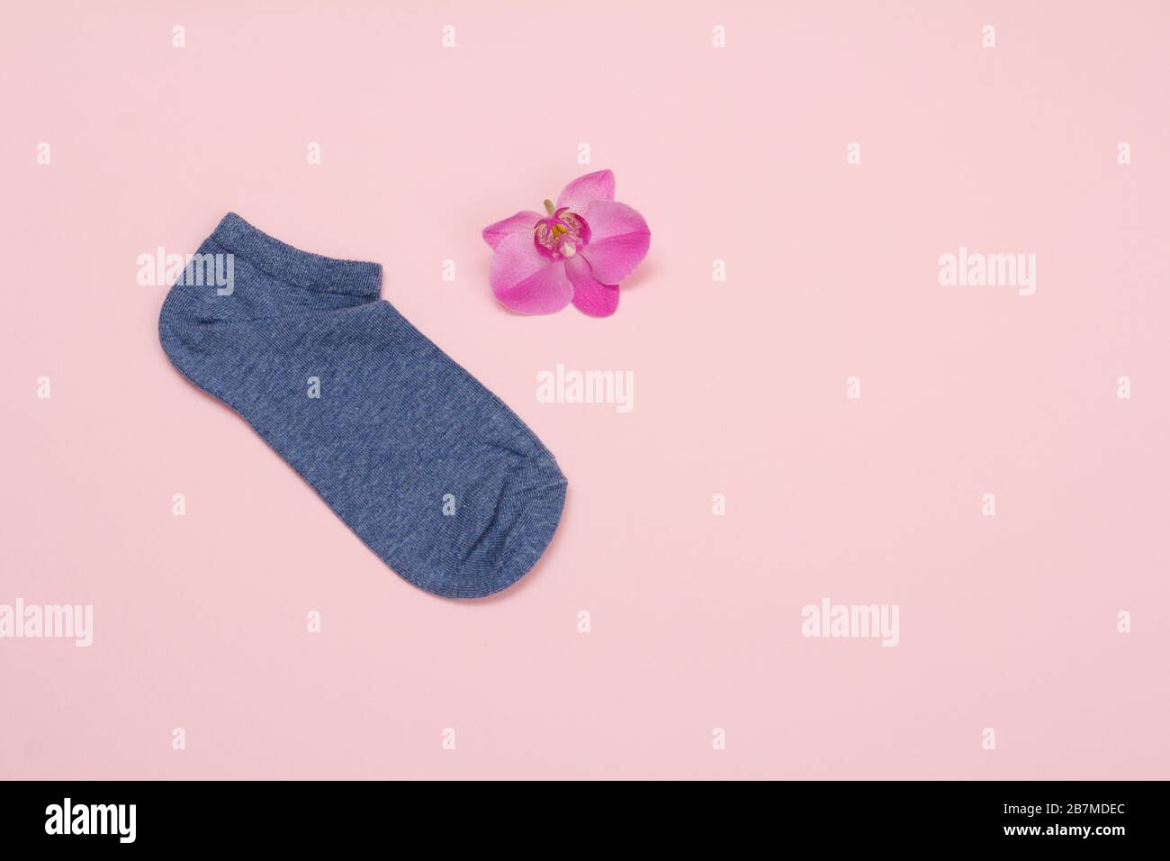 Une chaussette et une fleur d'orchidée sur fond rose, vue du dessus avec espace de copie. Banque D'Images