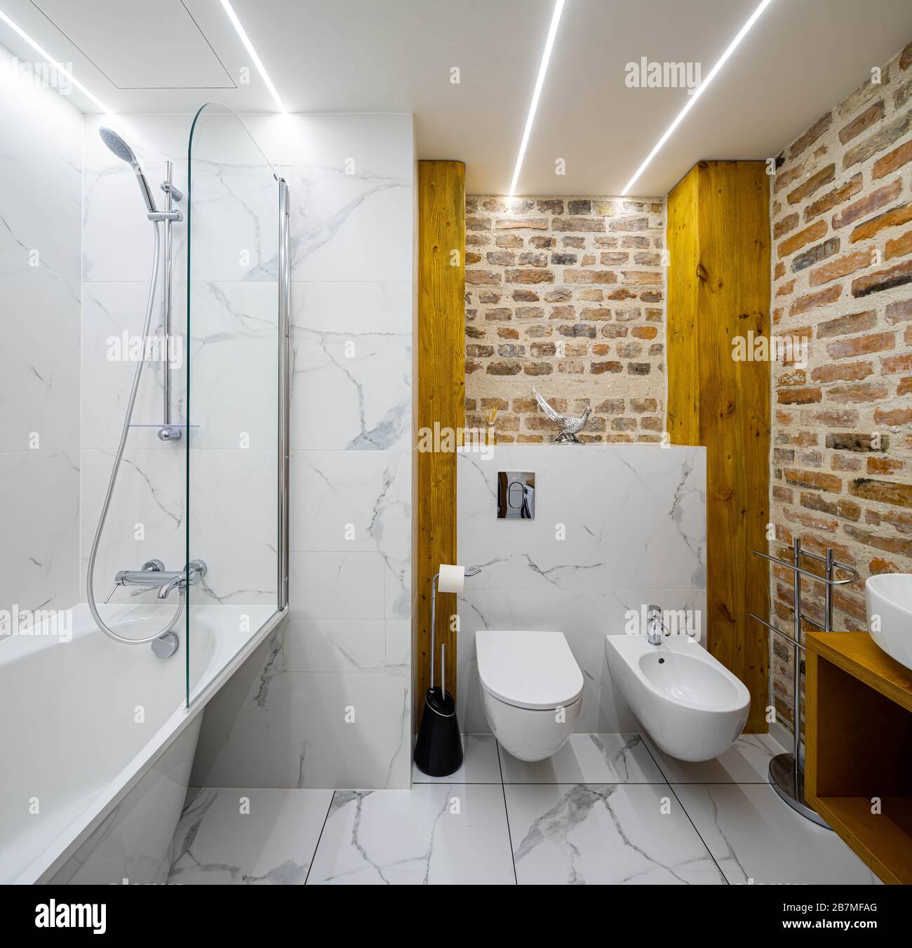 Intérieur moderne et loft de la salle de bains. Bain blanc. Mur de briques. Toilettes et bidet. Banque D'Images