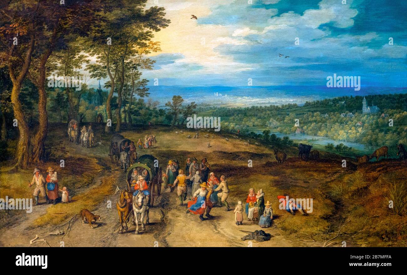 Paysage avec les gens du voyage et les paysans sur une piste, Jan Brueghel l'aîné, 1610, Banque D'Images