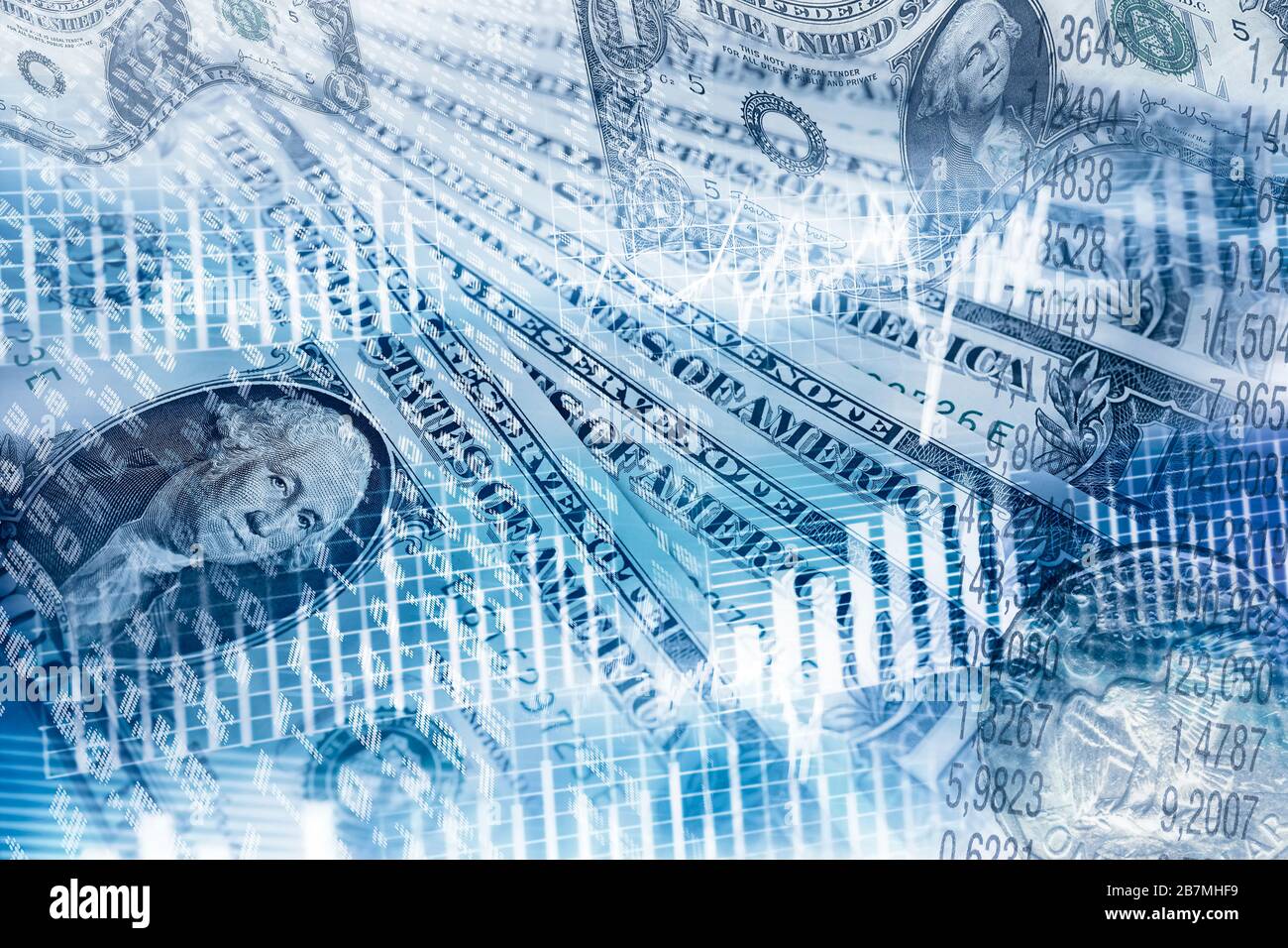 Billets et pièces en dollars et graphiques, graphiques et tableaux Banque D'Images