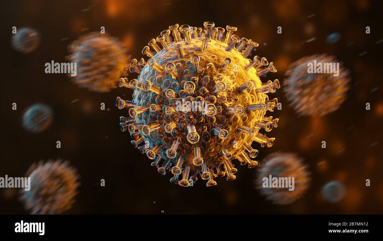 Vue microscopique du coronavirus chinois COVID-19 sous le microscope. Rendu 3D Banque D'Images