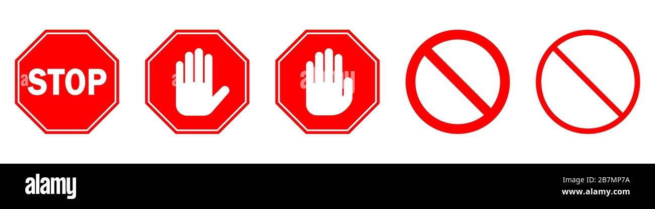 ARRÊTER le jeu d'icônes. Panneau d'arrêt rouge isolé. Illustration vectorielle. Signe d'arrêt de la main Illustration de Vecteur