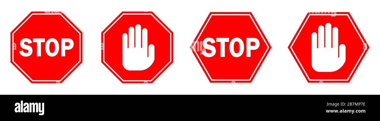 ARRÊTER le jeu d'icônes. Panneau d'arrêt rouge isolé. Illustration vectorielle. Signe manuel de BUTÉE hexagonal Illustration de Vecteur