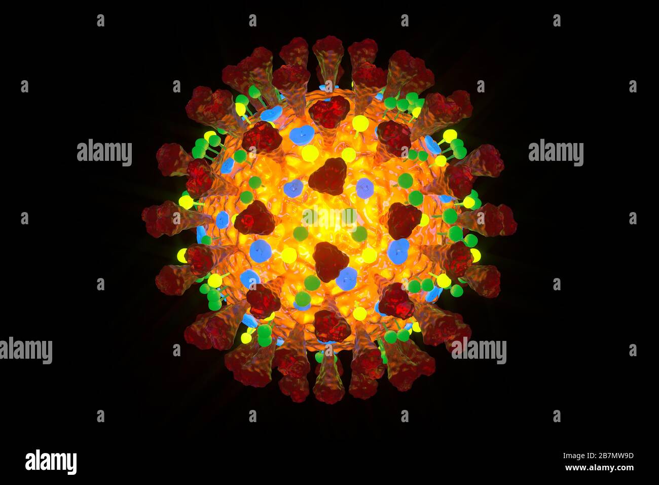 Microscope Coronavirus Covid-19 virus rendu réaliste tridimensionnel. Contexte du risque de santé en cas de pandémie. Gros virus covid. Banque D'Images