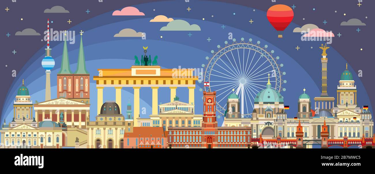 Illustration horizontale colorée de Berlin avec des monuments architecturaux en deux temps. Vue avant du concept de voyage de Berlin. Feu plat panoramique Illustration de Vecteur
