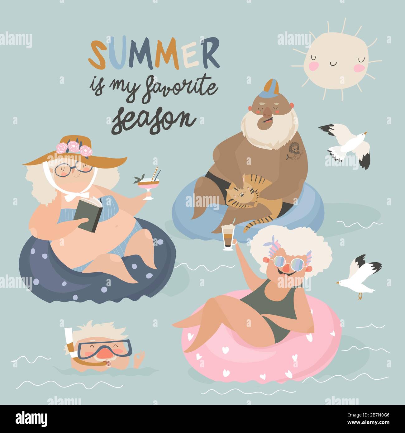 Les personnes âgées se réjouissant de nager dans une piscine avec un cocktail Illustration de Vecteur