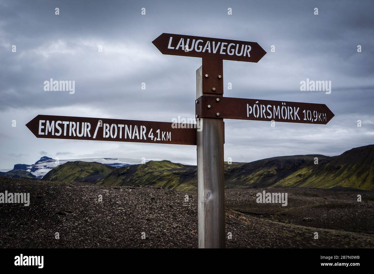 Signpost sur Laugavegur Trail, Islande Banque D'Images