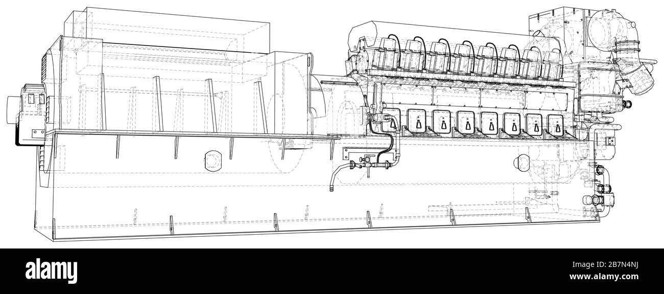 Générateur de diesel de secours industriel haute tension à une génération d'énergie. Les calques de lignes visibles et invisibles sont séparés. Format EPS10. Fil-f Illustration de Vecteur