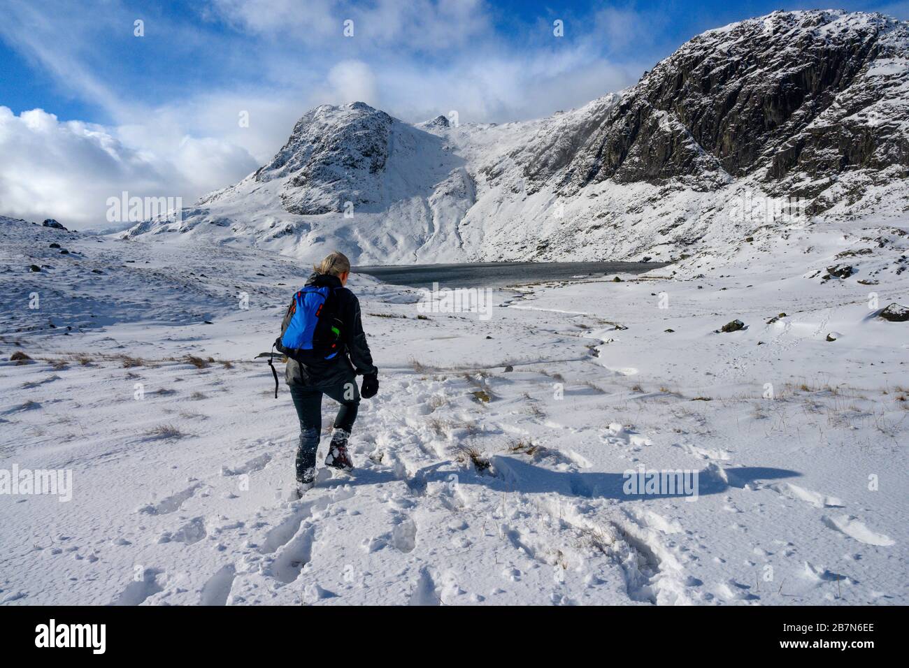 Une femme seule promenait dans la neige vers Langdale Pikes, parc national du Lake District, Cumbria Banque D'Images