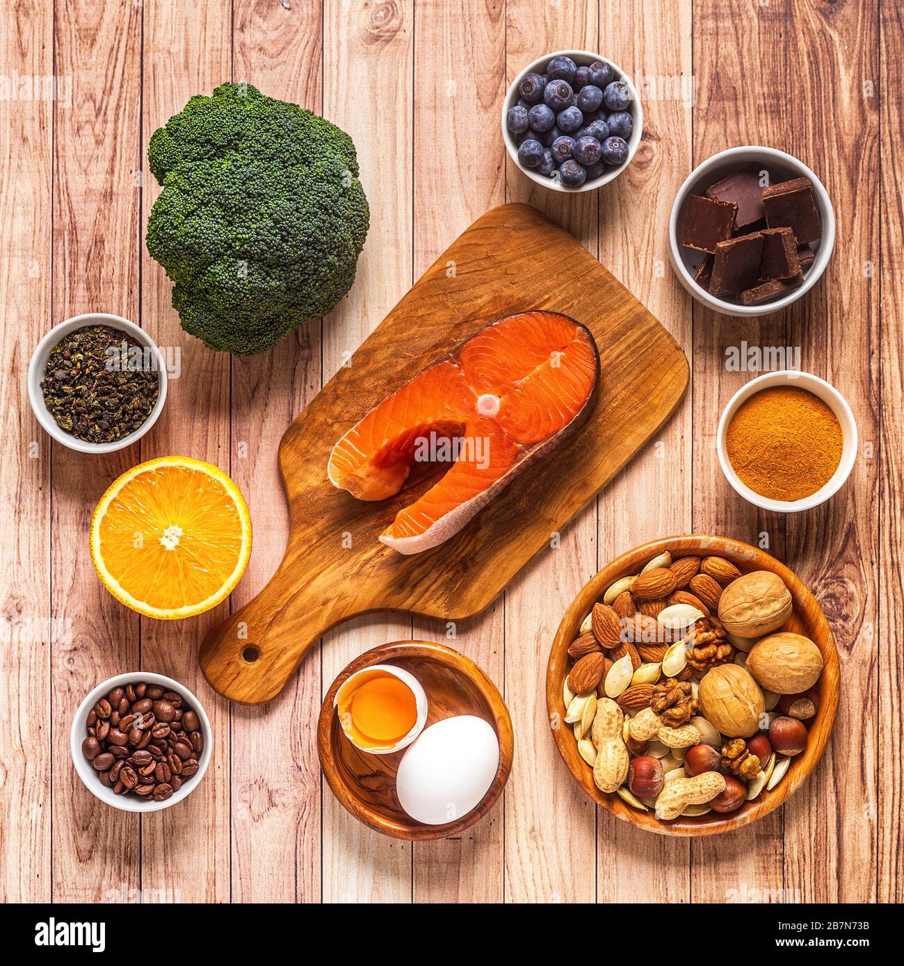Les meilleurs aliments pour stimuler votre cerveau et votre mémoire, vue de dessus. Banque D'Images