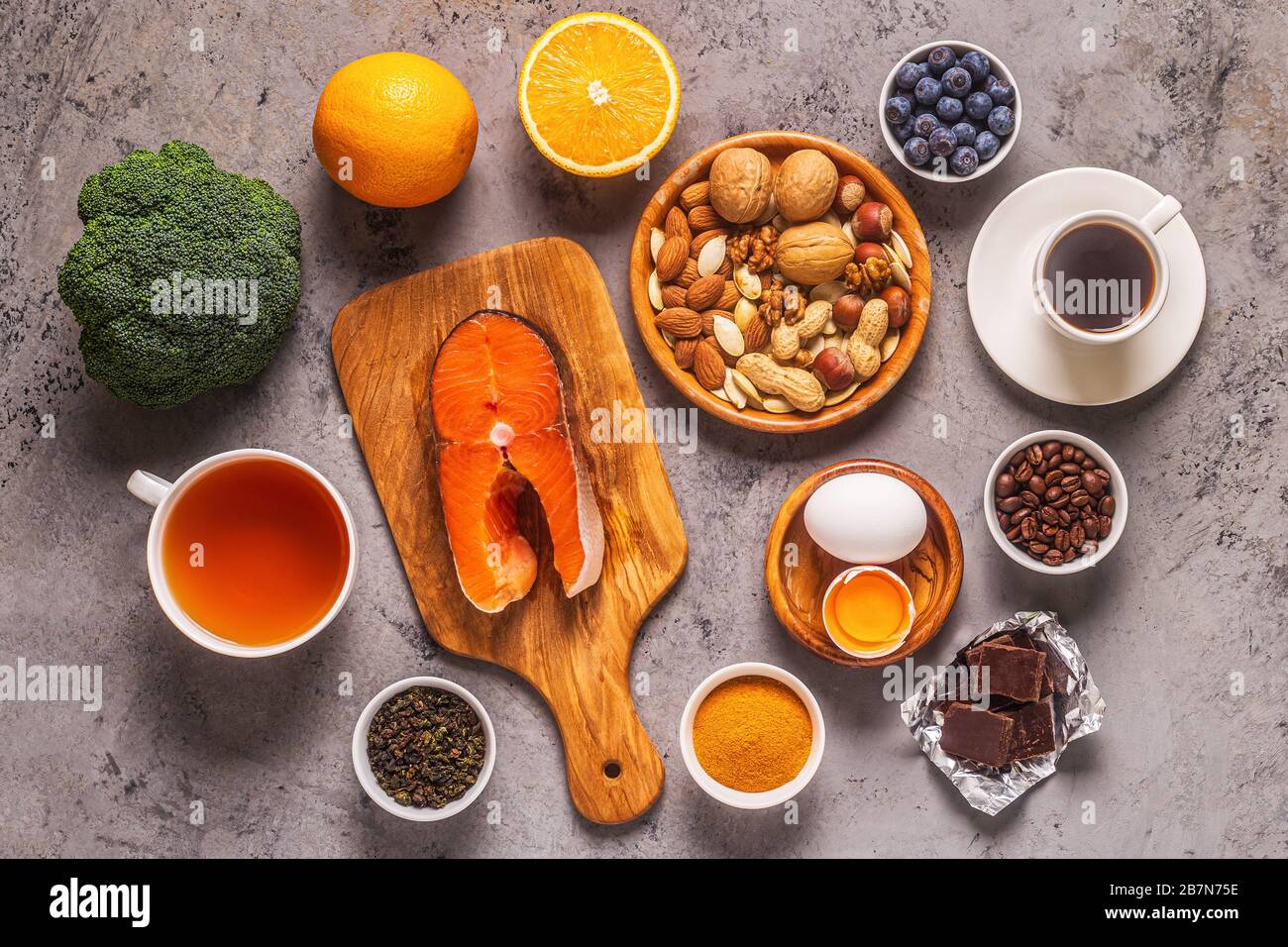 Les meilleurs aliments pour stimuler votre cerveau et votre mémoire, vue de dessus. Banque D'Images