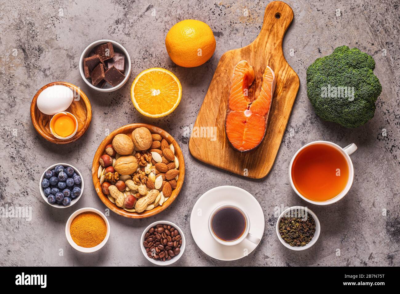 Les meilleurs aliments pour stimuler votre cerveau et votre mémoire, vue de dessus. Banque D'Images