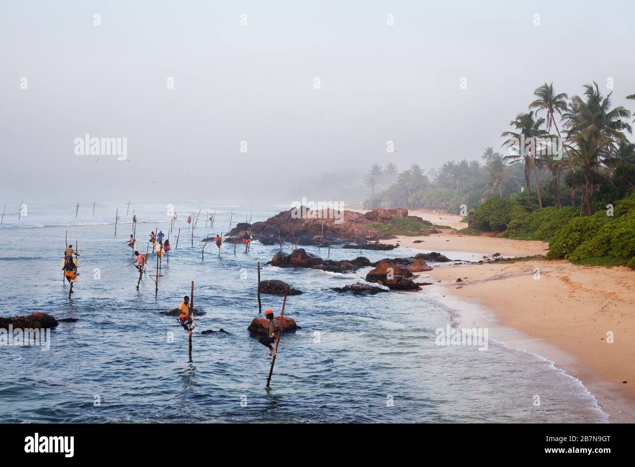 Pêche traditionnelle au stilt au Sri Lanka. Welligama, Sri Lanka (Asie) Banque D'Images