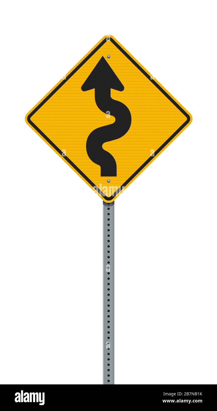 Illustration vectorielle du panneau de signalisation jaune Winding Road sur poste métallique Illustration de Vecteur