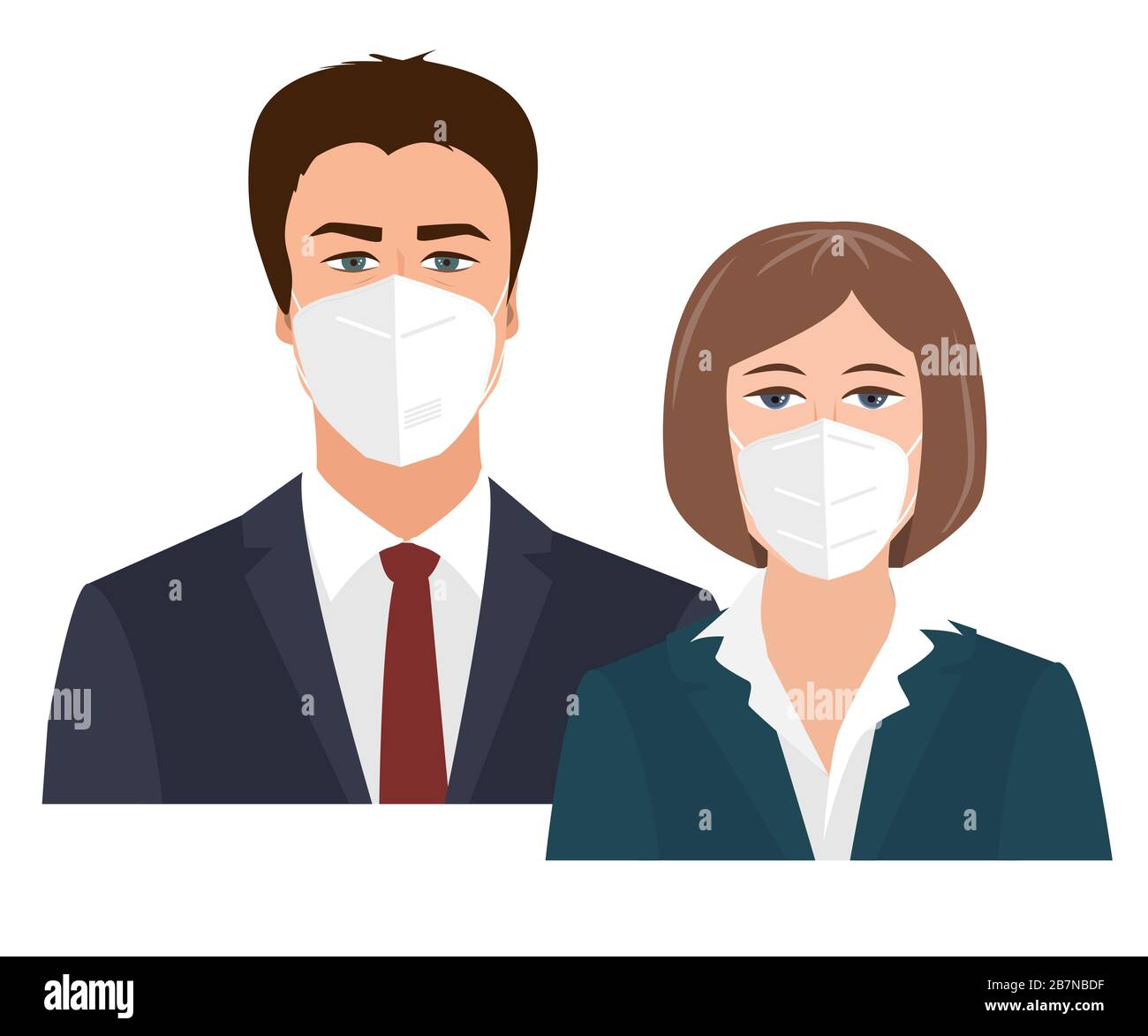 Femme d'affaires et homme avec masques médicaux. Concept de santé lors d'une épidémie de grippe ou de coronavirus. Illustration vectorielle de style plat isolée sur Illustration de Vecteur