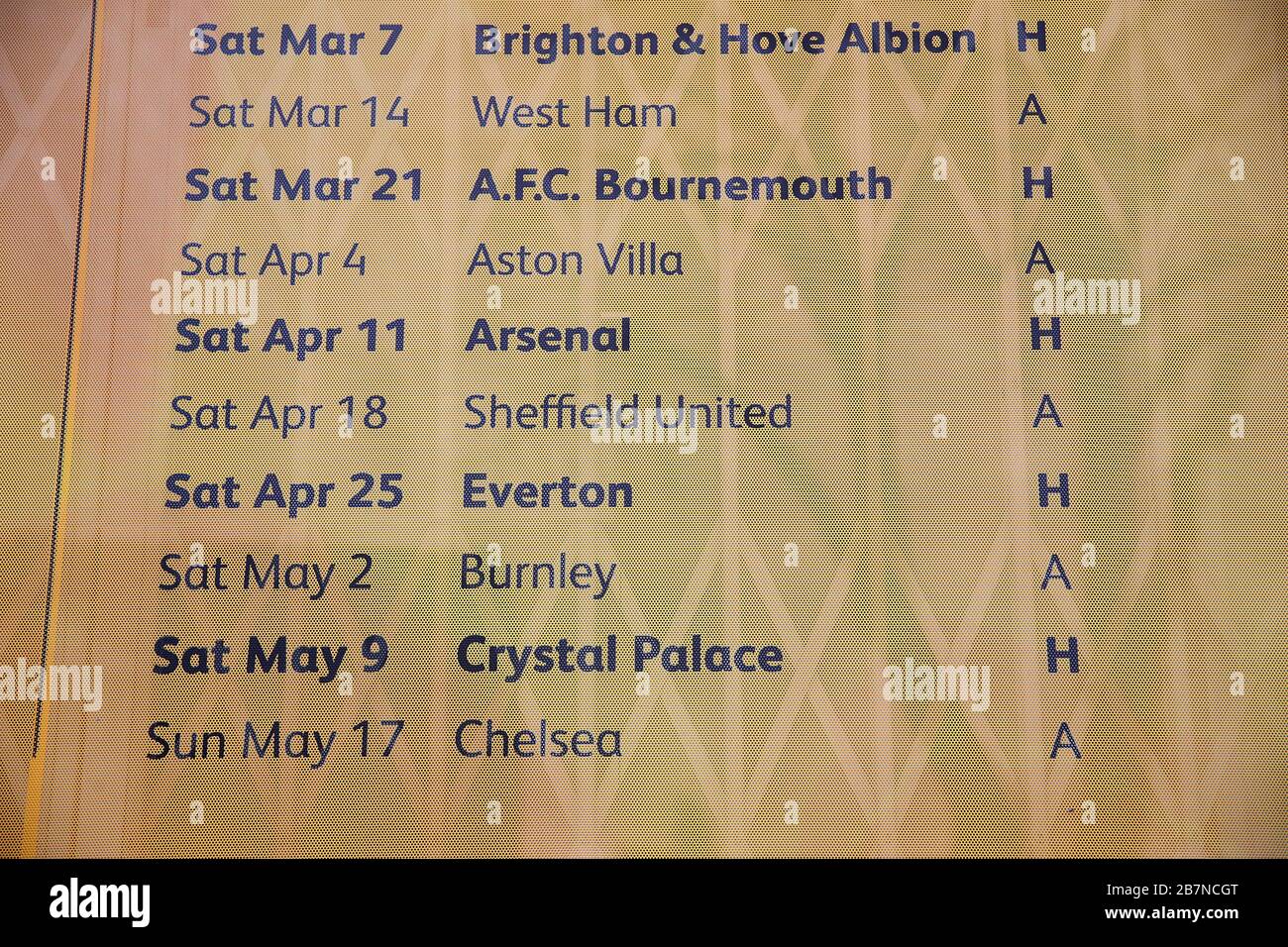 La liste des structures de Wolverhampton Wanderers pour la saison 2019/20 qui est actuellement reportée à la suite de l'annonce de vendredi selon laquelle la Premier League a suspendu tous les matches jusqu'au samedi 4 avril 2020. Banque D'Images
