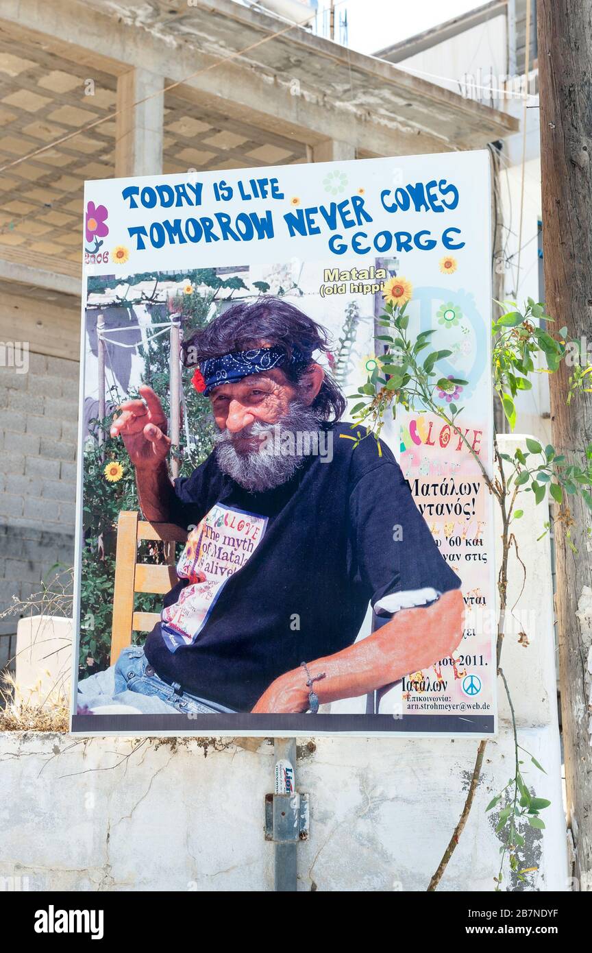 Affiche avec de vieux hippie à Matala, Pitsidia, unité municipale de Festos, unité régionale d'Héraklion, Crète, Grèce Banque D'Images