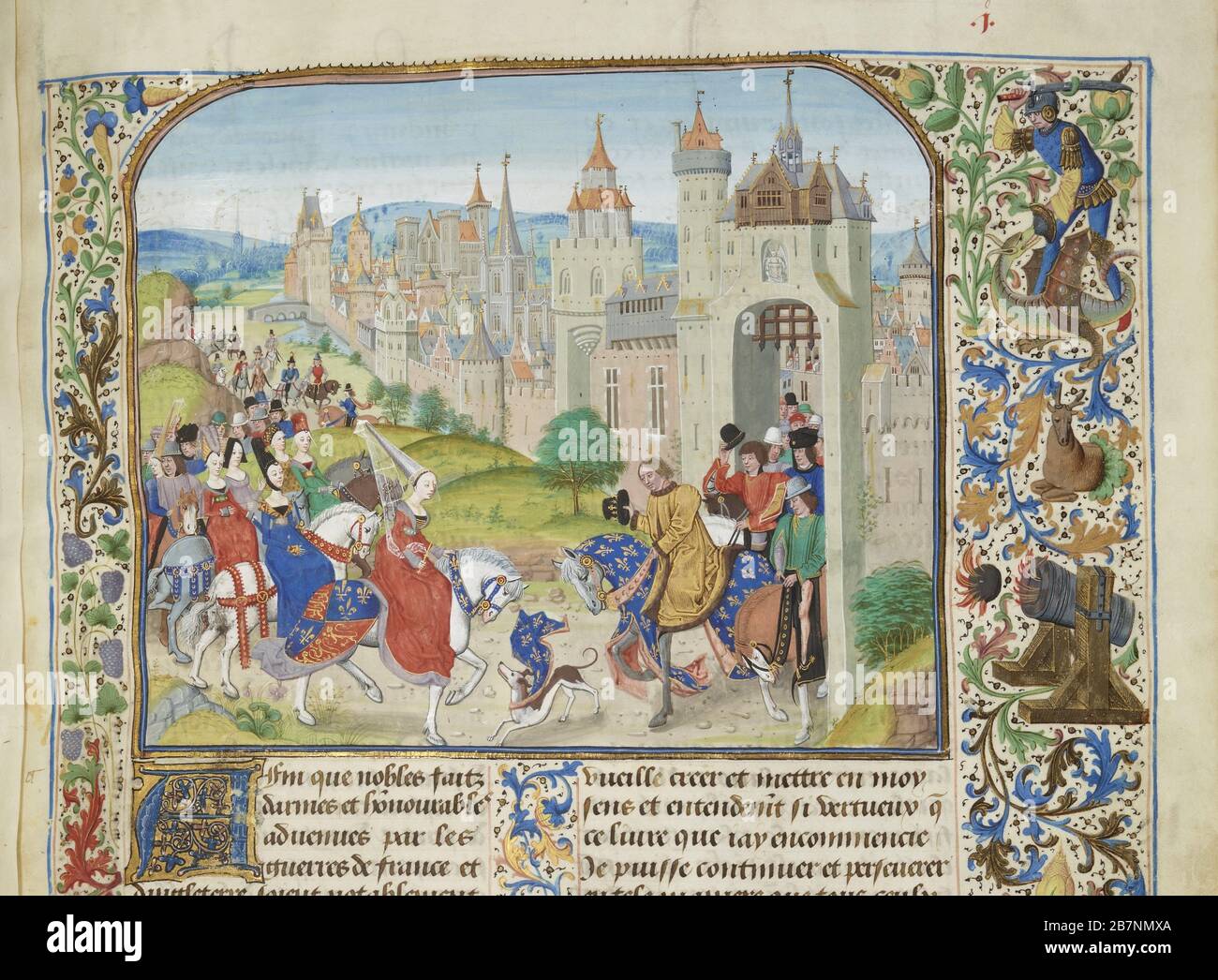 Isabella de France accueilli par son frère Charles IV à Paris (miniature des grandes chroniques de France par Jean Froissar, CA 1470-1475. Trouvé dans la Collection de Biblioth&#xe8;que nationale de France. Banque D'Images