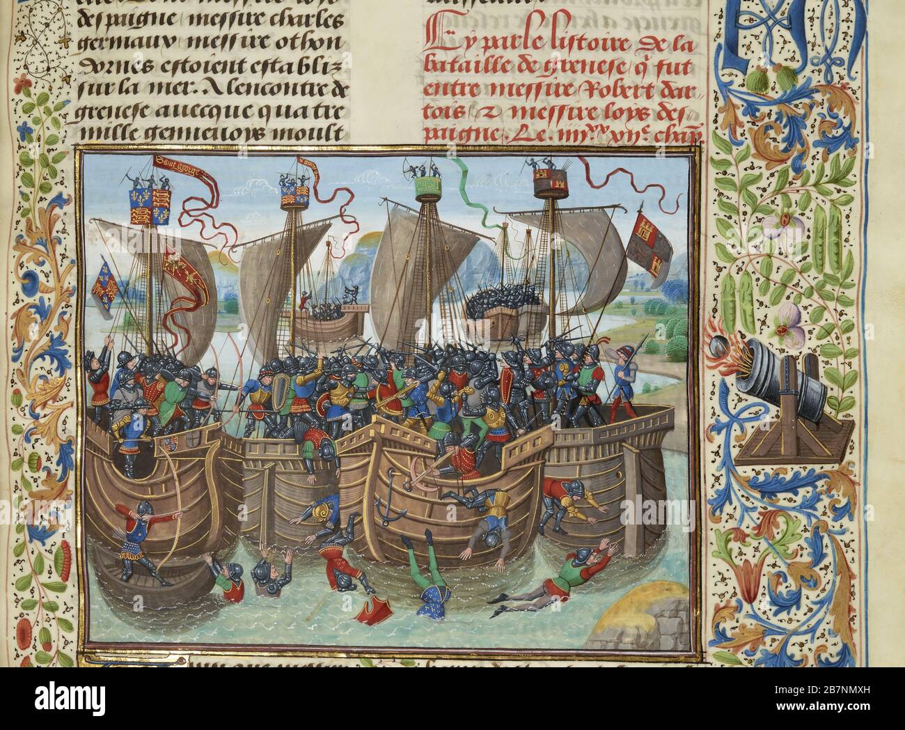 La bataille navale de Guernesey, 1342 (miniature des grandes chroniques de France par Jean Froissart), CA 1470-1475. Trouvé dans la Collection de Biblioth&#xe8;que nationale de France. Banque D'Images