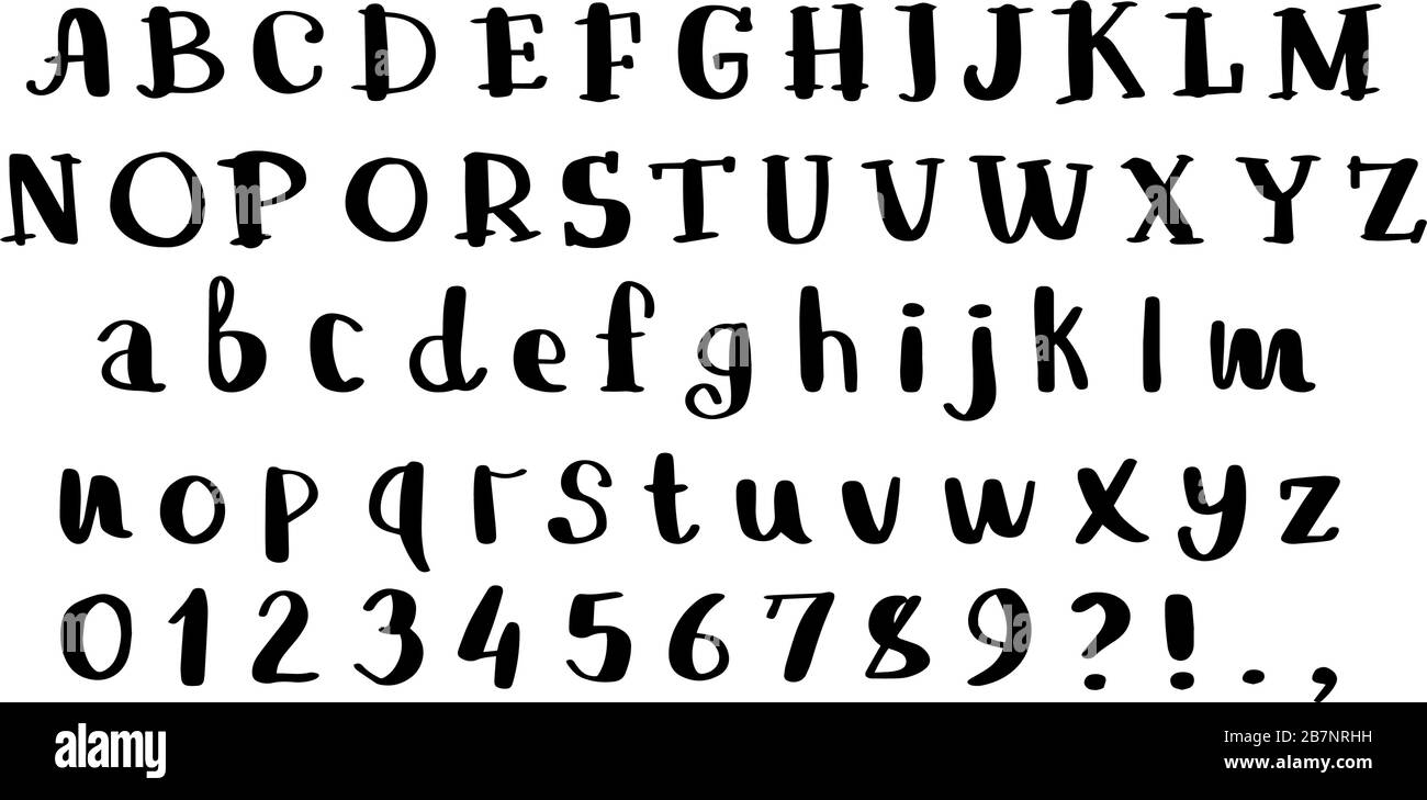Alphabet latin vectoriel dessiné à la main isolé sur fond blanc. Les lettres sont en noir. Illustration de Vecteur