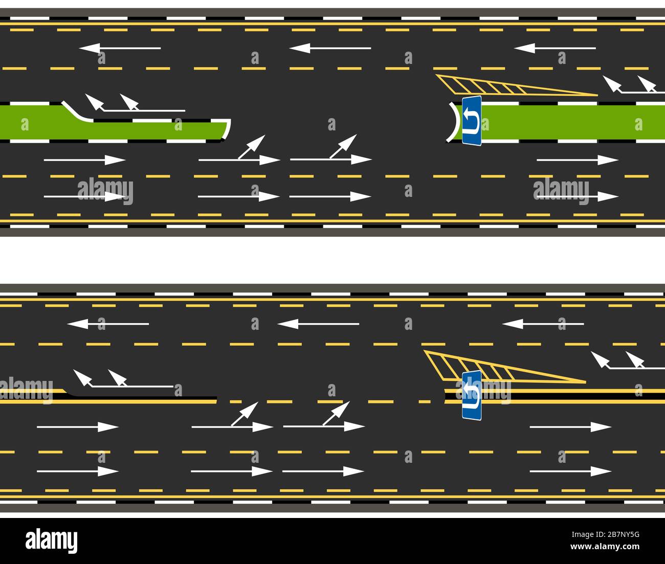 Vue de dessus de deux types de demi-tours sur l'autoroute, la route, la rue. Marquage de route. Illustration vectorielle Illustration de Vecteur