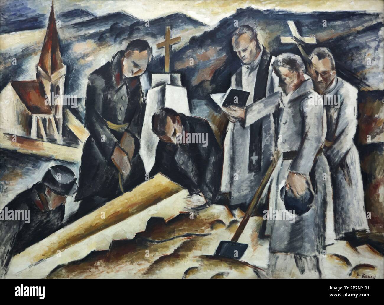 Peinture "Funeral militaire" du peintre moderniste tchèque Vincenc Beneš (1915) lors de l'exposition permanente de la Galerie nationale (galerie Národní) à Veletržní palác (Palais des Expositions) à Prague, République tchèque. Banque D'Images