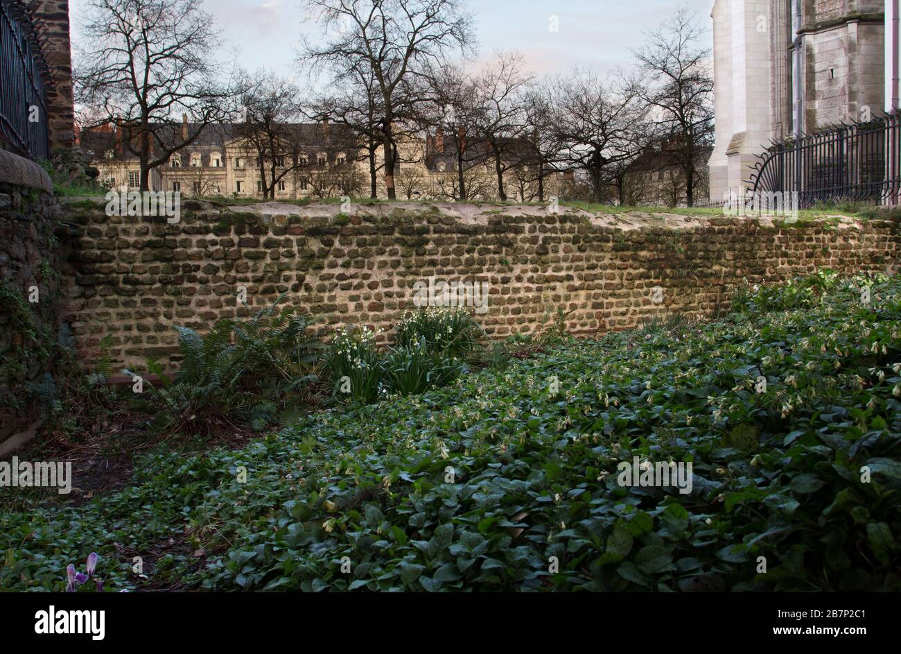 Vestiges archéologiques du mur romain de Nantes (Loire-Atlantique, France) entre la porte St-Pierre et la cathédrale. Banque D'Images