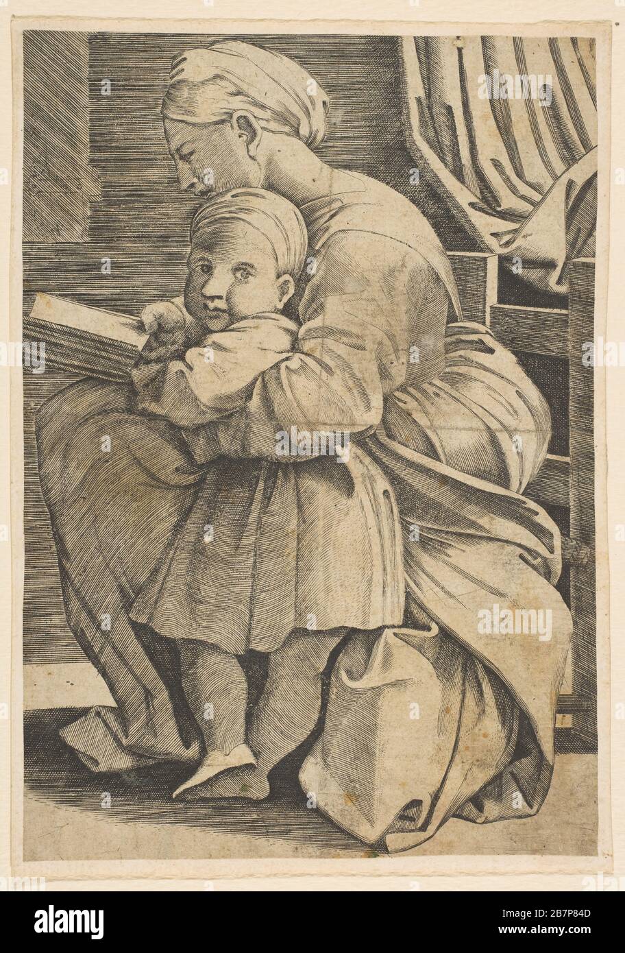 La Vierge à la lecture avec le bébé Christ; femme assise dans le profil face à gauche et à la lecture avec un bras autour d'un enfant qui regarde vers le spectateur, CA. 1515-1600. Après un tirage attribué à Marco Dente. Après Raphaël Banque D'Images