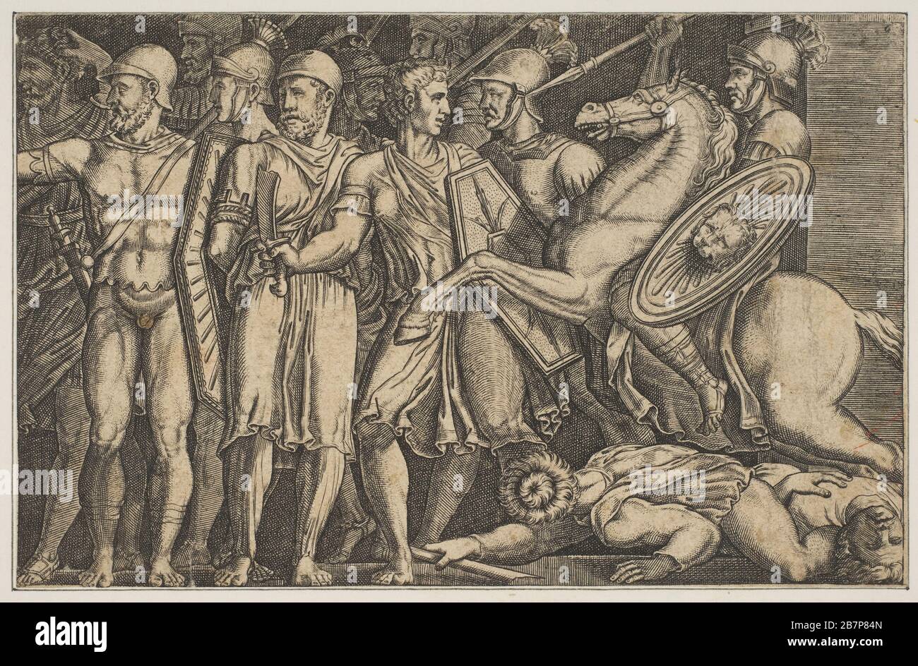 Trajan Fighting the Dacians; Trajan à cheval à droite en direction d'un groupe de soldats à gauche et piétinant deux hommes, CA. 1515-1600. Après Marco Dente da Ravenne Banque D'Images