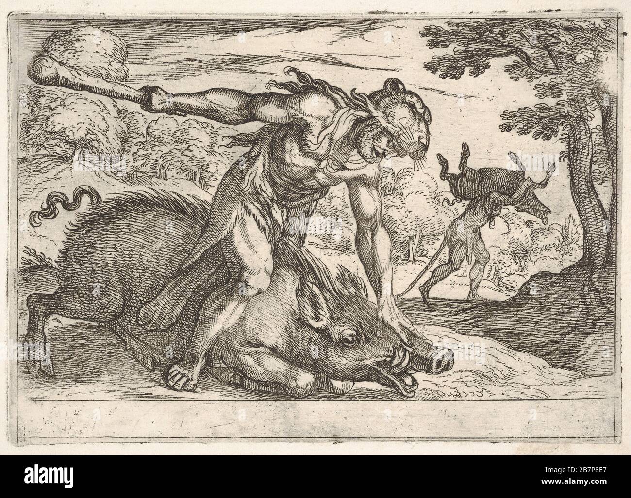 Hercules et le Boar d'Erymanthus: Hercules maintient le museau du boar avec sa main gauche et lève son club avec sa main droite, au milieu Hercules porte le boar sur ses épaules, de la série "les Labors d'Hercules", 1608. Banque D'Images