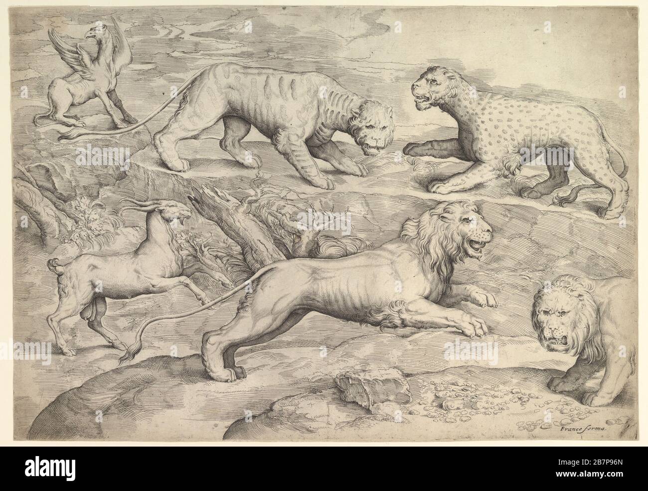 Six animaux, dont des lions, un tigre, un léopard, un griffon et une chèvre, CA. 1530-61. Banque D'Images