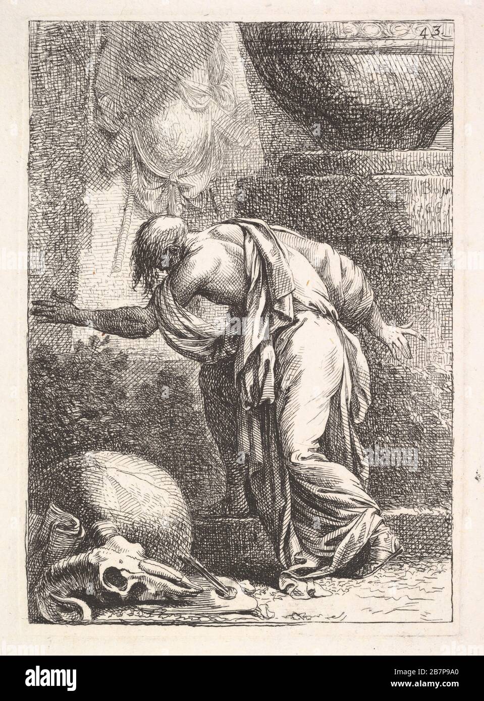Un jeune homme, vu de derrière et croissant un pas vers la gauche, un manteau drapé sur son épaule droite et son bras gauche s'étiré, un crâne de RAM en bas à gauche, 1766. Après Parmigianino Banque D'Images
