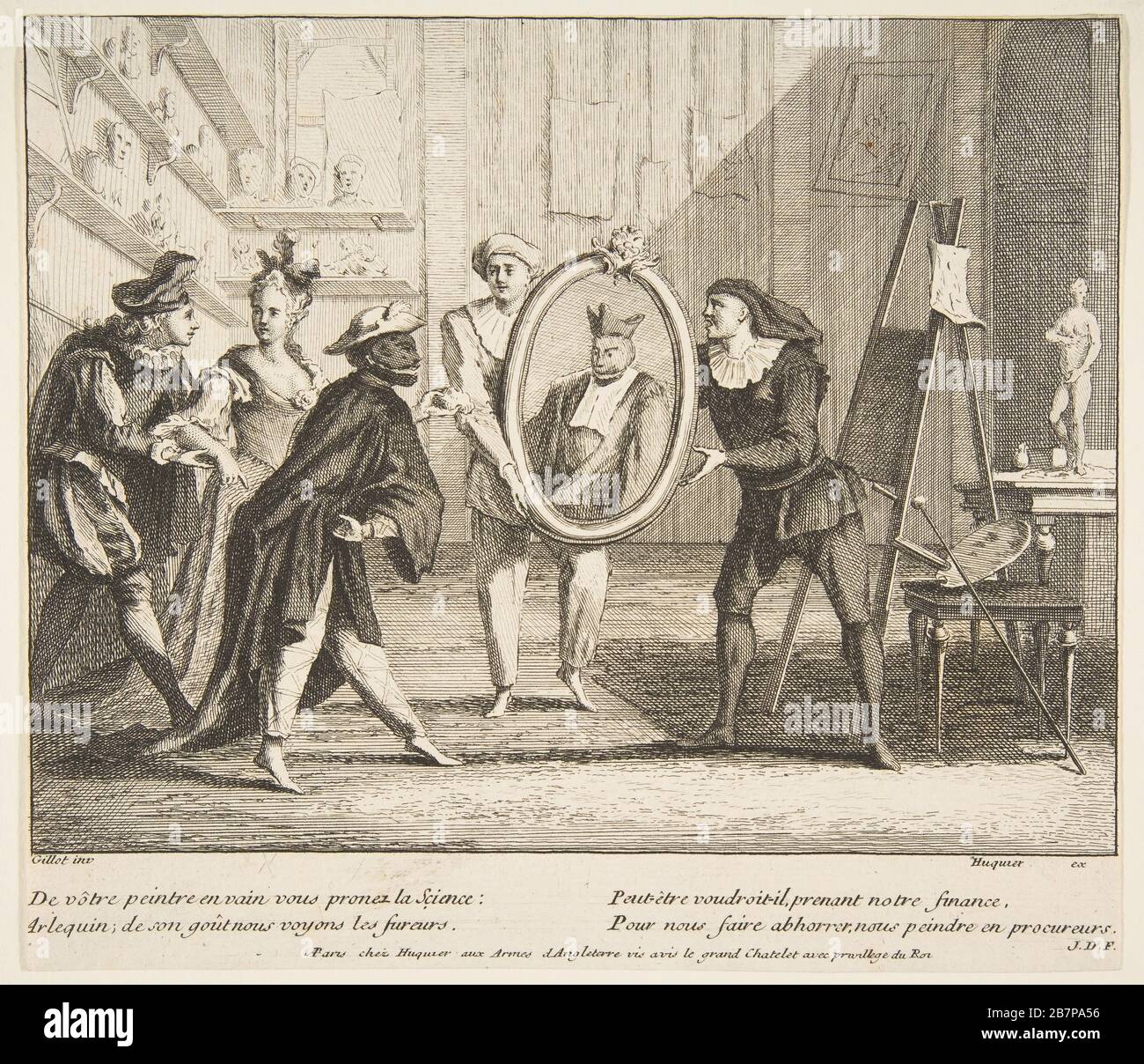 Pierrot et Scaramouche montrent le portrait d'Harlequin.n.d. Banque D'Images
