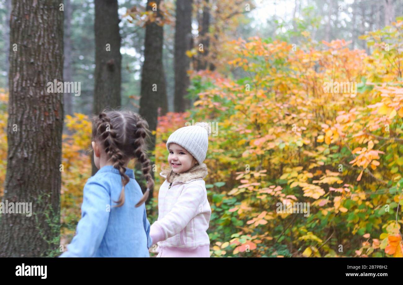 Petites filles drôles en vêtements chauds souriant et regardant l'un l'autre avec le feuillage coloré des plantes Banque D'Images