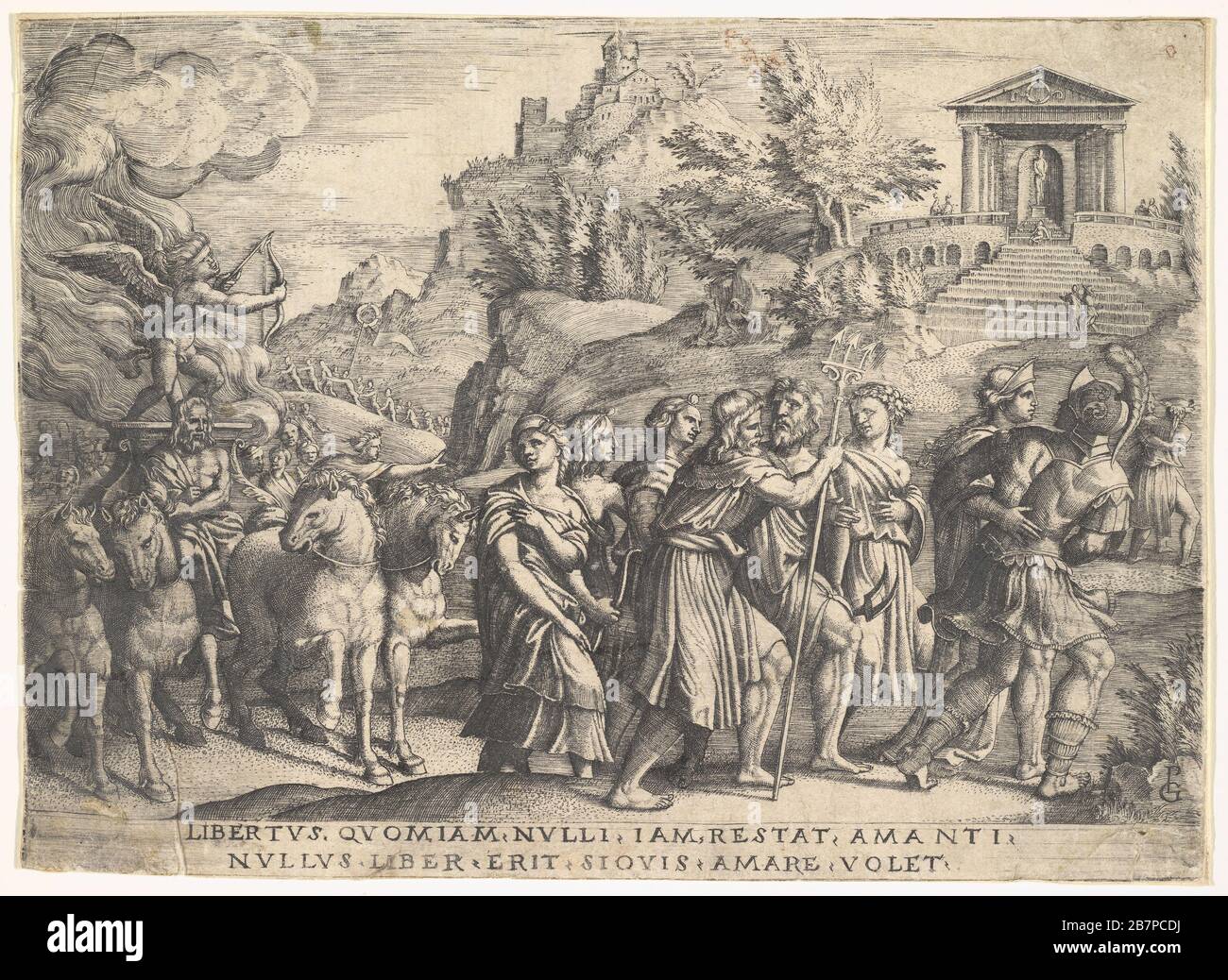 Triomphe de l'amour: Quatre chevaux tirent une calèche avec Cupid debout sur une plate-forme de tabagisme, précédé par des dieux et des déesses à pied, un temple avec un pediment légendaire à l'écusson de la colline au-delà, de la série "les triomphes de Petrarque", CA. 1539. Banque D'Images